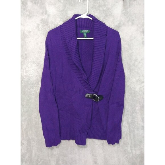 Ralph Lauren Sweater Womens Medium Petite Purple Cardigan Cowl Neck Cotton - Picture 1 of 7